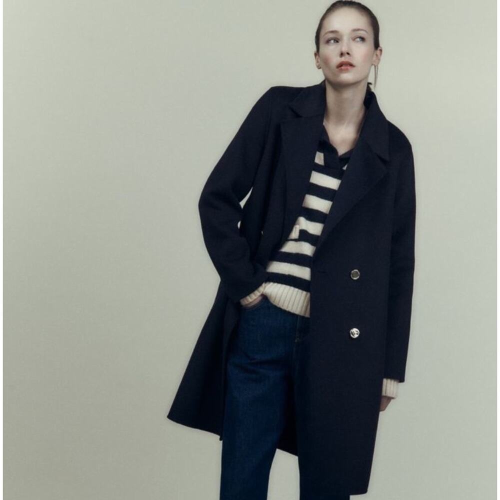 Zara Black Wool Double Breasted Coat Womens M Gold Button Outdoor Gorpcore